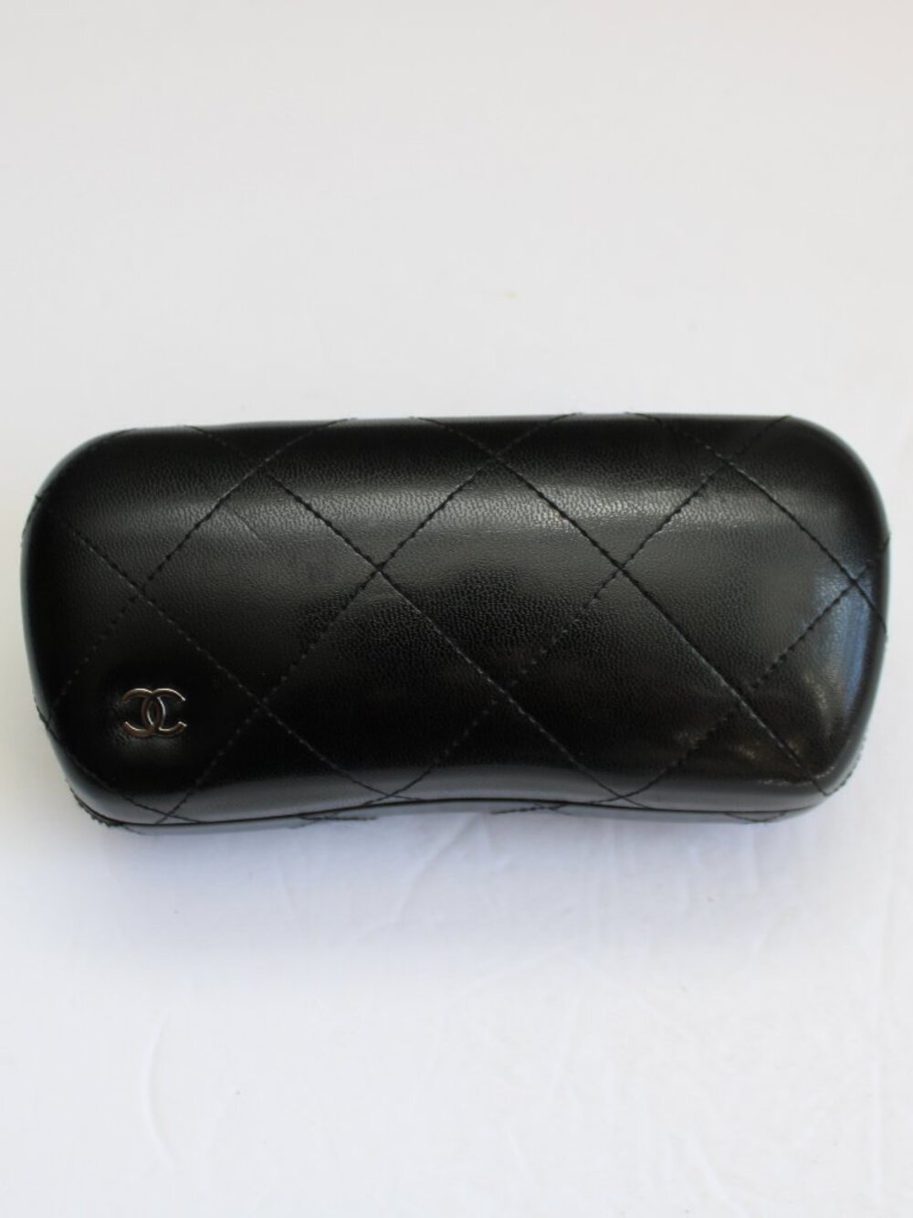 Chanel Large Black Leather Quilted CC Logo Shard Shell Sunglasses Case